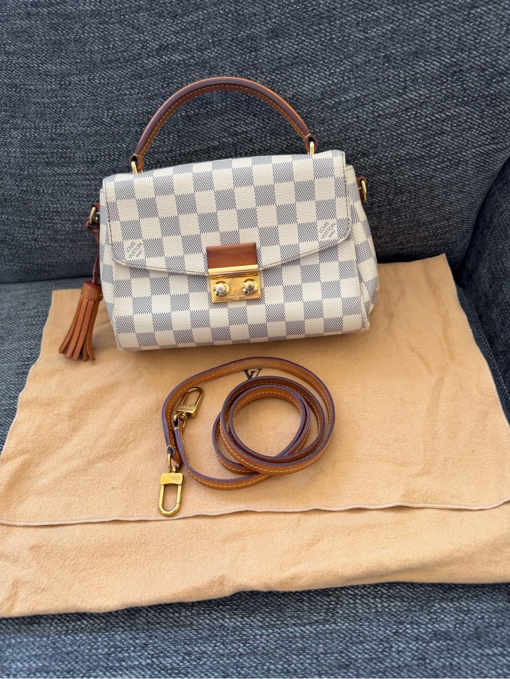 Louis Vuitton Cream Checkered Satchel with Tan Trim and Gold Hardware